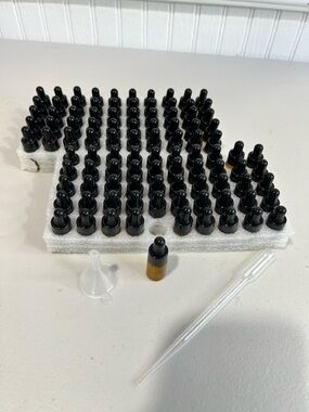 Set of 100 Small Amber Dropper Bottles with Black Caps Funnel and Dropper